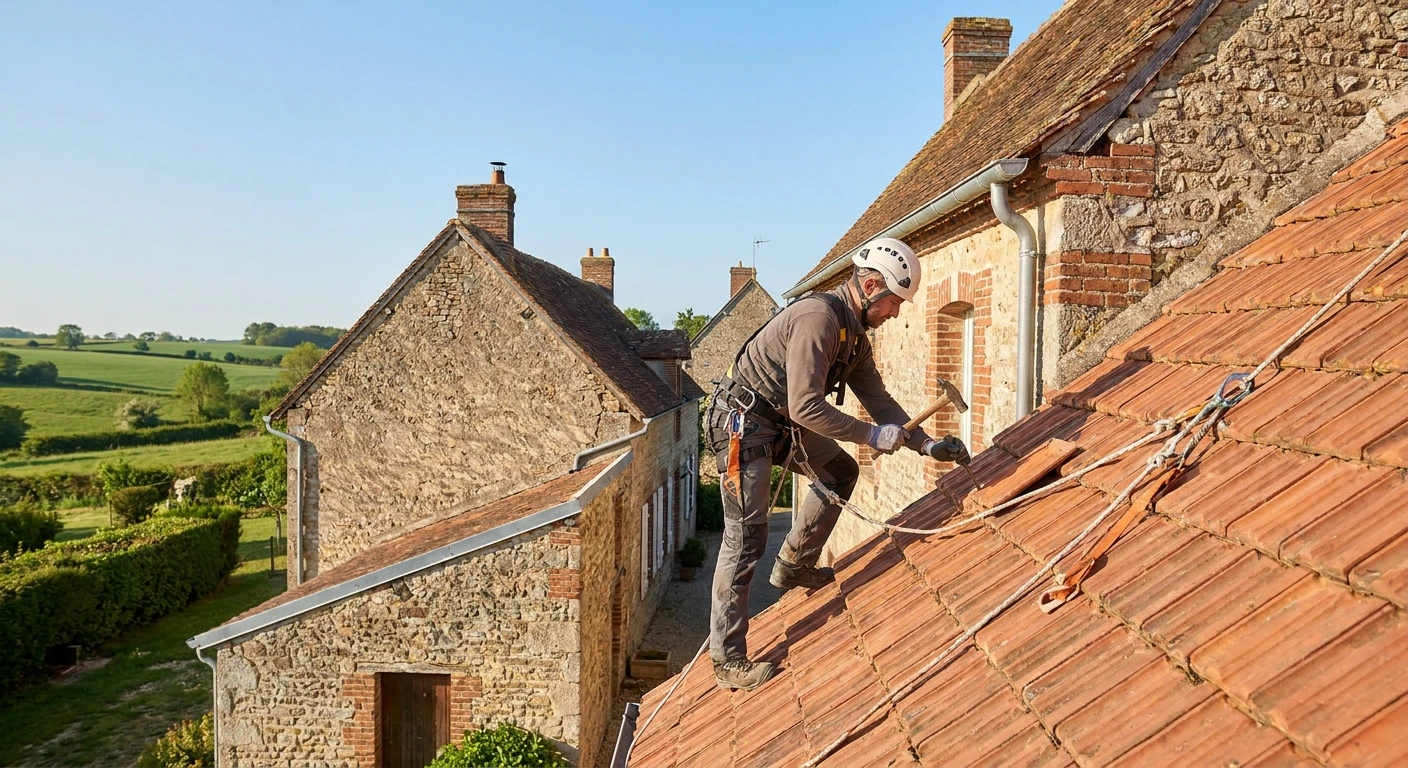 Couvreur professionnel en équipement de sécurité complet (casque, harnais, gants) travaillant en hauteur sur une toiture en tuiles d'une maison ancienne. L'artisan pose ou répare des tuiles avec des outils de couvreur (marteau, ciseau). En arrière-plan, on distingue clairement un bâtiment résidentiel typique de milieu rural ou péri-urbain, des cheminées et une gouttière. La scène se déroule en lumière naturelle, montrant le professionnalisme et la rigueur du travail en hauteur.