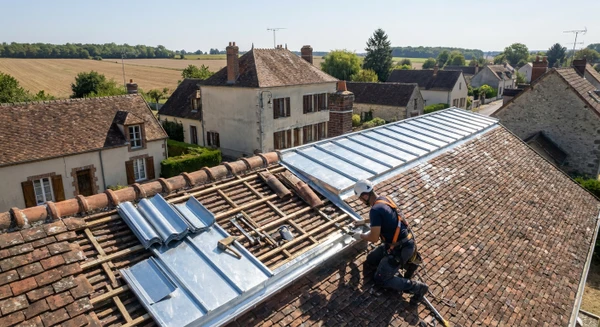 Photographie aérienne ou vue en légère plongée d'un détail de toiture en cours de rénovation, montrant un artisan couvreur ou zingueur en action sur un toit en tuiles ou ardoises dans un contexte rural des Yvelines. L'image doit mettre en évidence les travaux en cours (pose de gouttières, réparation de solins, traitement de mousses) avec les outils du métier visibles. Ciel dégagé, journée ensoleillée. Composition nette et professionnelle mettant l'accent sur le savoir-faire et la réactivité du professionnel local intervenant dans la région.